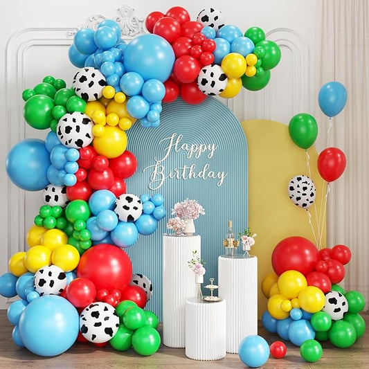 Toy Inspired Story Balloon Arch Kit, 167Pcs Blue Red Yellow Green Cow Print Balloons for Kids Boy Girl Cartoon Theme Birthday Baby Shower Decorations