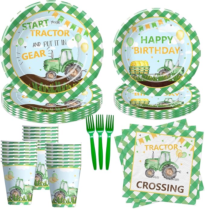 Tractor Birthday Plates And Napkins Party Supplies - Farm Theme Green Tractor Birthday Decorations Tableware, Paper Plate, Cup, Napkin, Disposable Fork | Serves 24