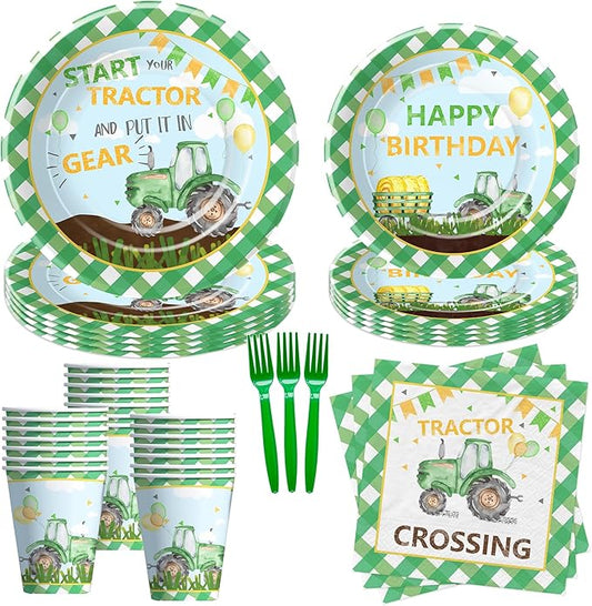 Tractor Birthday Plates And Napkins Party Supplies - Farm Theme Green Tractor Birthday Decorations Tableware, Paper Plate, Cup, Napkin, Disposable Fork | Serves 24