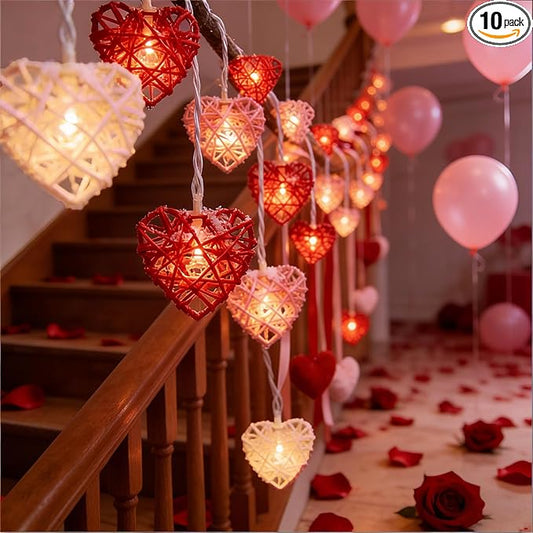 Red Pink and White Heart Shape String Lights, 8.5Ft Valentine's Day Decorations Lights with 10 LED Heart Light Bulbs, Hanging Window Fairy Lights for Indooe Outdoor Wedding Anniversary Valentine Decor
