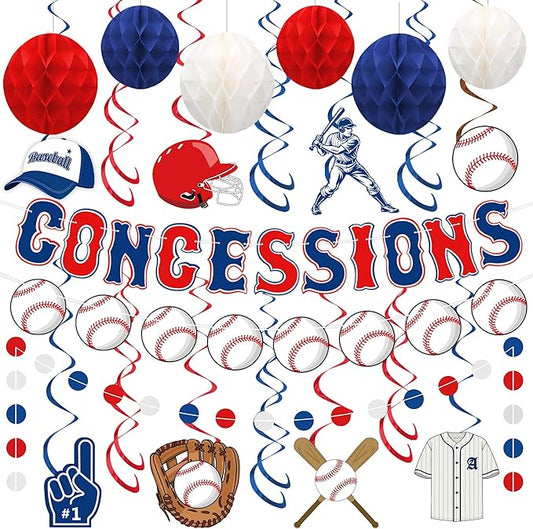 Baseball Party Decorations Pre-strung Concessions Baseballs Banner with Blue Red White Honeycomb Balls Baseball Theme Hanging Swirls Circle Dots Garland for Concessions Birthday Party Decor