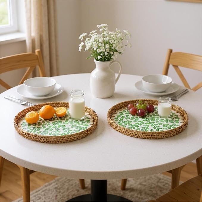 Round Rattan Tray with Mother of Pearl Inlay, Handwoven Wicker Coffee Table Serving Basket Tray for Fruit Snack Party Picnic Cafe Bedroom Kitchen Home Decor Set of 2 (Green Wicker)