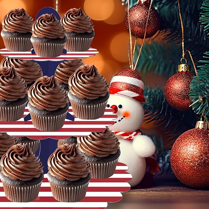 Patriotic Cupcake Stand, 3-Tier Red White Blue Cardboard Dessert Tower, Independence Day Memorial Veterans Day Party Decorations, American Flag Theme Dessert Display (2-Pack)