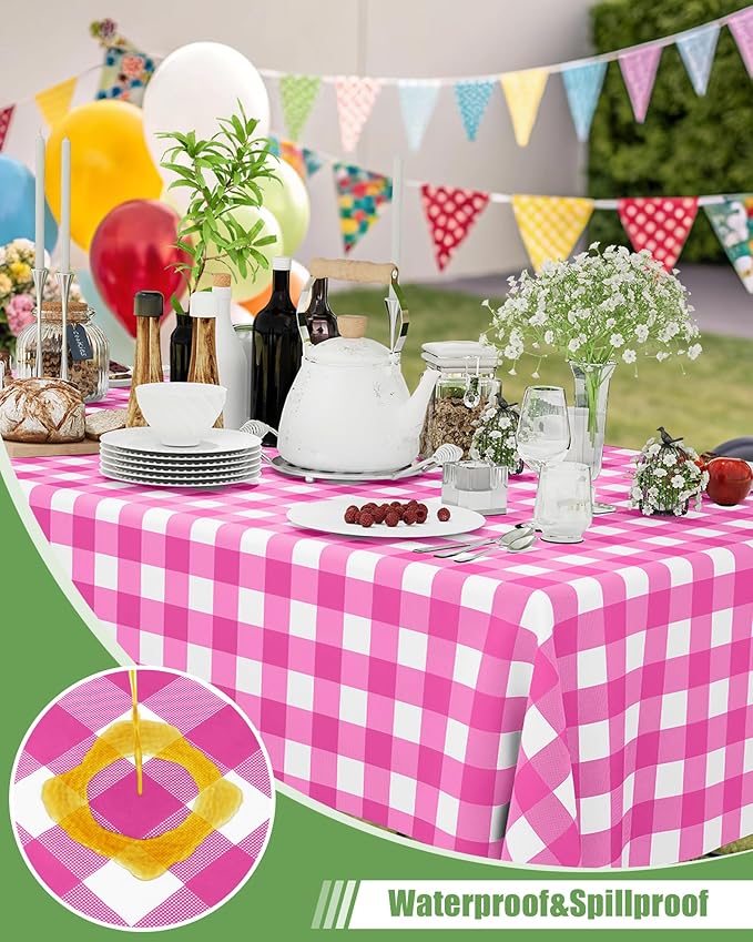 Smiry 12 Packs Gingham Disposable Table Cloth, 54 x 108 Inch Waterproof Plastic Tablecloth, Rectangle Hot Pink and White Checkered Table Covers for Picnic, Birthday, Party