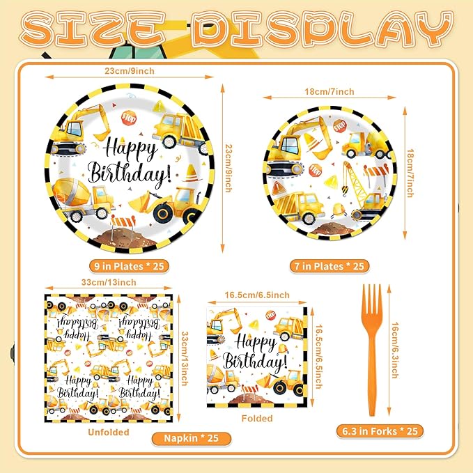 100 Pieces Construction Truck Tableware Set Party Supplies – Happy Birthday Yellow Digger Pattern Disposable Plates, Napkins, and Forks Dinnerware for Boys Birthday Construction Theme Celebrations