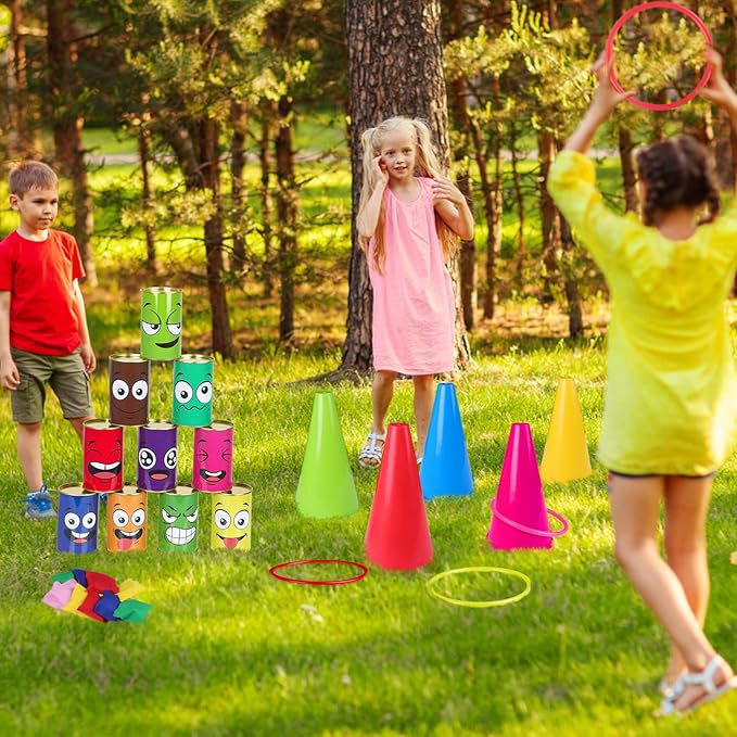 36PCS Carnival Games Combo Set 4 in 1 Bean Bag Toss Can Games Plastic Cone Ring Toss Game for Indoor Outdoor School Field Day Birthday Party Yard Game for Kids Adults