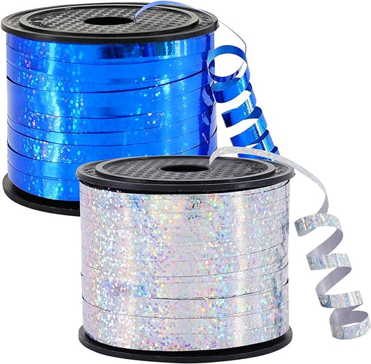 BEISHIDA 2 Pack 100 Yards Blue Silver Curling Crimped Glitter Ribbon Balloon String Shiny Metallic for Gift Wrapping Ribbon 2026 Graduation Retirement Men Birthday Party Decoration