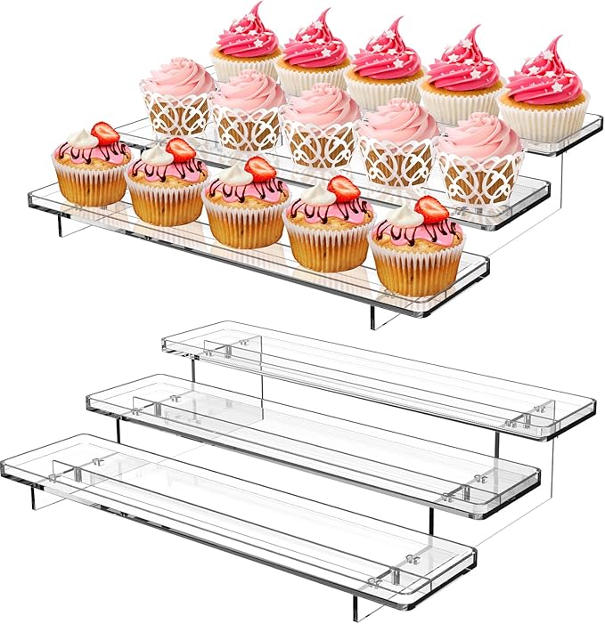 2 Pack 3 Tier Acrylic Stands for Display, 12 inch Clear Display Stand Risers Shelf for Cupcakes Perfumes Figurines, Tabletop Cupcake Stand for Decorating & Organizing(11.8"x9.4"x3")