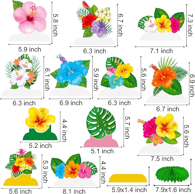 Hawaiian Tropical Party Honeycomb Centerpieces 12Pcs Hibiscus Flower Palm Leaves Centerpieces for Tables Hawaiian Flower Centerpieces Decorations for Hawaii Luau Aloha Party Supplies