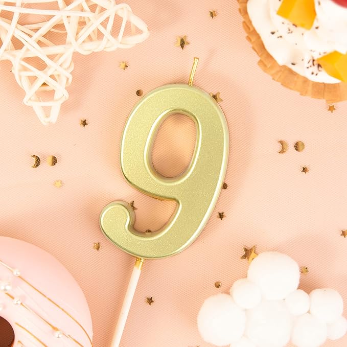 PHD CAKE 2.76 Inch Modern Gold 9 Number Birthday Candles, Gold Number Candles, Cake Number Candles, Party Celebration