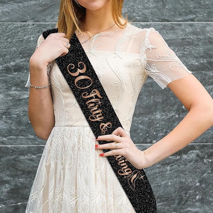 30 Flirty & Thriving Black Sash with Rose Gold Foil,Talk Thirty to Me Sash for Women's 30th Birthday Gift,Cheers to 30 Years Anniversary/Birthday Party Decorations
