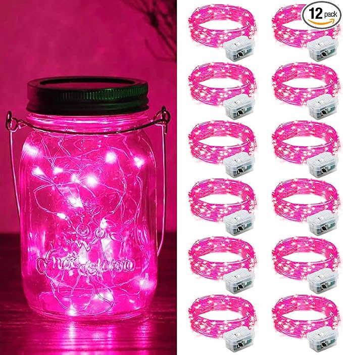 ZGWJ 12 Pack Fairy Lights Battery Operated, 7ft 20 Mini LED Fairy String Lights Silver Wire 3 Modes for DIY, Parties, Wedding, Bedroom, Halloween Christmas Decoration Pink