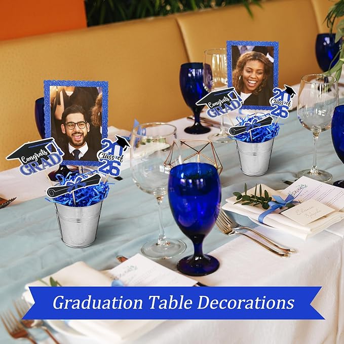 Foilswirl 6 Set 2026 Graduation Table Centerpieces Photo Table Toppers with Small Galvanized Buckets and Shredded Paper Filler for Class of 2026 Graduation Party Decoration(Blue)