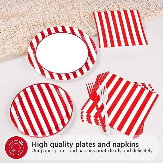 96Pcs Red and White Striped Party Supplies Red and White Striped Paper Plates and Napkins Circus Theme Tableware Set for Summer Pizza BBQ Picnic Baby Shower Birthday Carnival Party Decorations Serve24