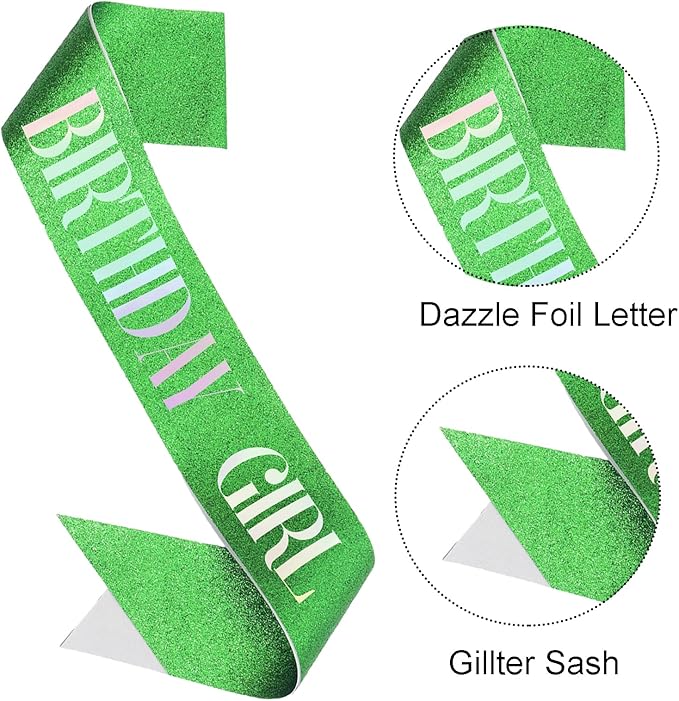 Birthday Sash for Girl, Dazzle Foil Letter Glitter Green Birthday Sash for Women Girl Kids Teenager Bday Gifts Party Favors Photo Prop