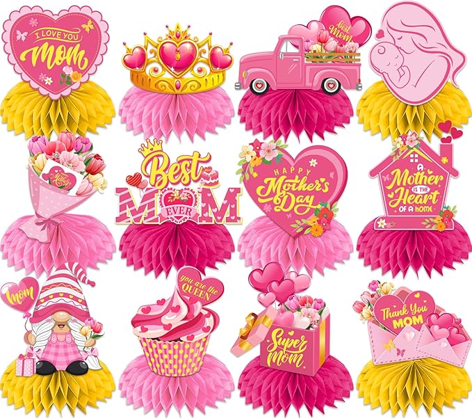 Mothers Day Decorations Honeycomb Centerpieces, 12Pcs Mothers Day Table Decorations Best Mom Ever Mothers Day Centerpieces 3D Mothers Day Table Centerpiece for Mothers Day Party