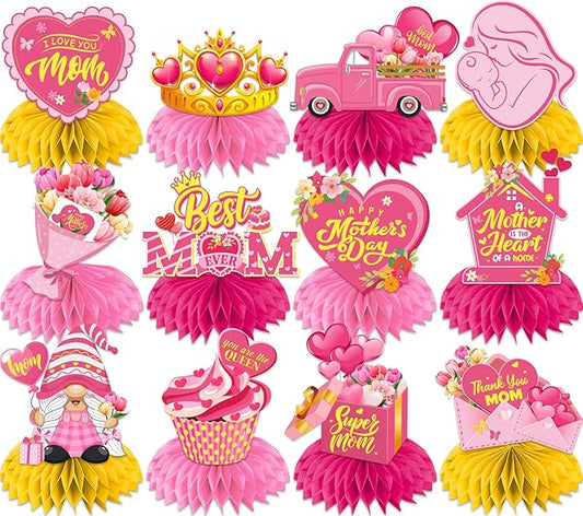 Mothers Day Decorations Honeycomb Centerpieces, 12Pcs Mothers Day Table Decorations Best Mom Ever Mothers Day Centerpieces 3D Mothers Day Table Centerpiece for Mothers Day Party