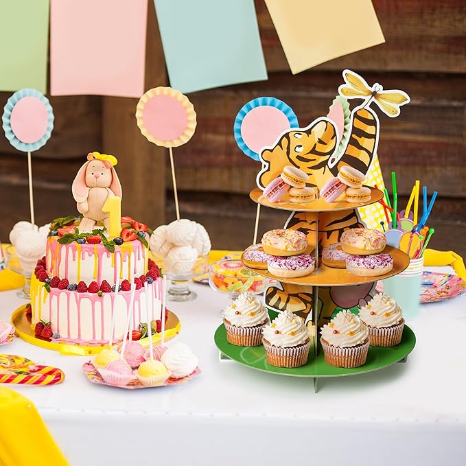 Winnie Themed Cupcake Stand - 3 Tier Winnie Cupcake Stand Holder Cupcake Tower Winnie Cardboard Dessert Holder for Baby Shower Decorations Winnie Cupcake Display Stand for Birthday Party Supply