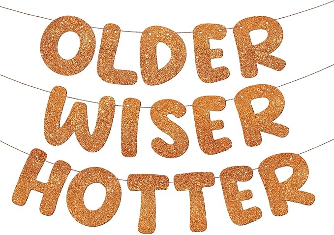 Fulmoon Set of 3 Pre Strung Older Wiser Hotter Glitter Banner Funny Birthday Banner for Women 30th 40th 50th 60th 70th 80th Birthday Party Decorations Sign Gift(Orange)