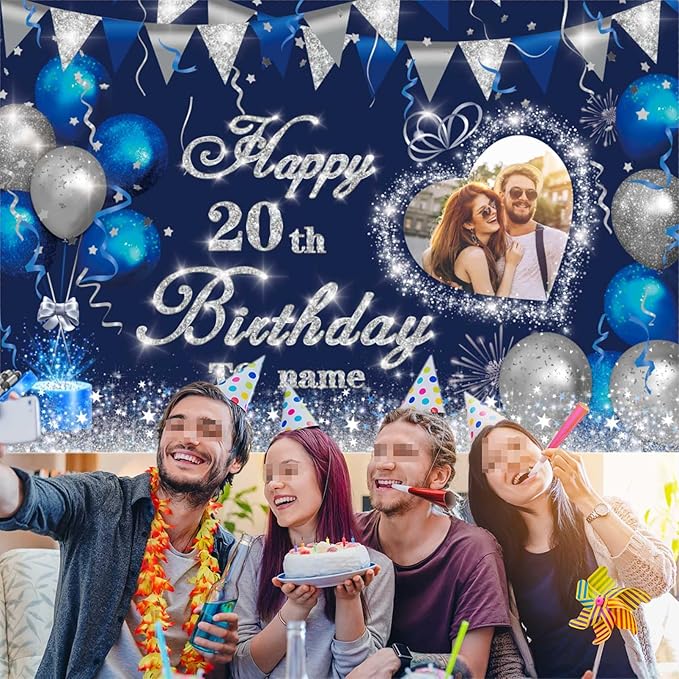 Dicodes Custom Navy Blue and Silver Theme Birthday Banner for Party Happy Birthday Backdrop Decoration Personalized with Name and Photo