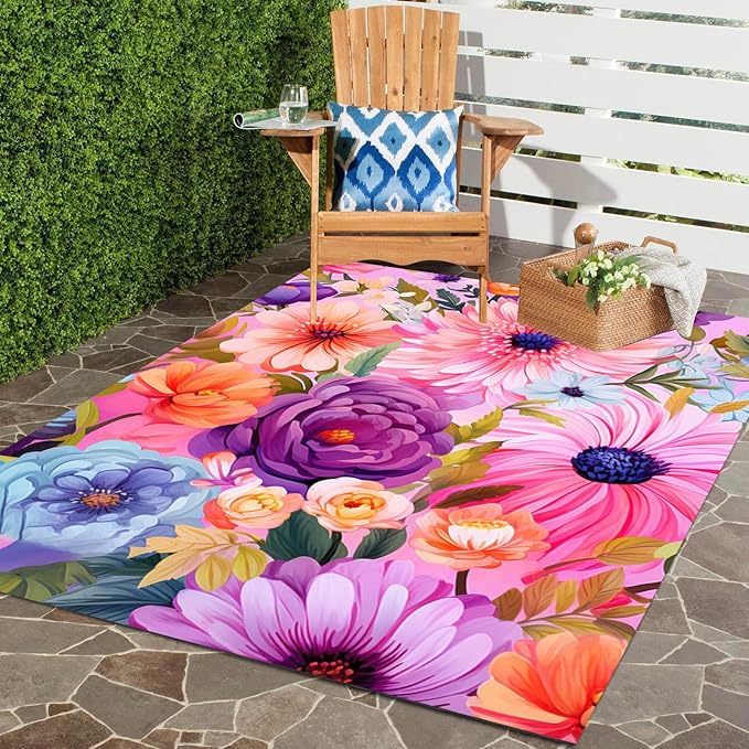 Outdoor Flower Rug with Anti Slip Backing Vibrant Waterproof 6x9 Area Rugs for Patio Deck Balcony Camping Garden Porch Large Floral Outside Carpet Blue Pink Purple Aesthetic Thick Mat