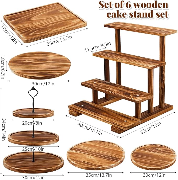 Roowest Wood Cake Stands Set of 6 Wood Dessert Tower Dessert Trays Desert Stands Cupcake Stand Rustic 3 Tier Farmhouse Cupcake Serving Stands with Dessert Trays for Tea Party(Brown)