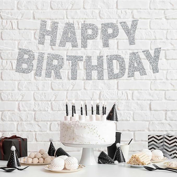 Pre-strung Happy Birthday Banner - No DIY - Silver Glitter Birthday Party Banner for Men & Women - Pre-strung Garland on 8 ft Strands - Silver Bday Party Decorations & Decor. Did We Mention No DIY