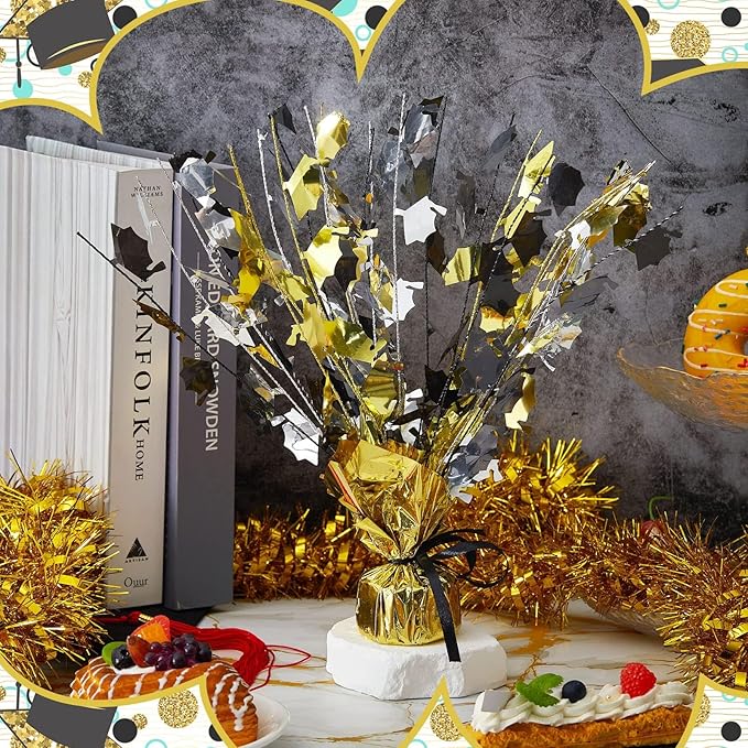 Juexica 6 Pcs 2026 Metallic Burst Table Centerpiece Mini Grad Caps Foil Spray Black Gold Silver Graduation Party Glitter Tableware Decorations for High School College Congrats Dinner Decor 14"