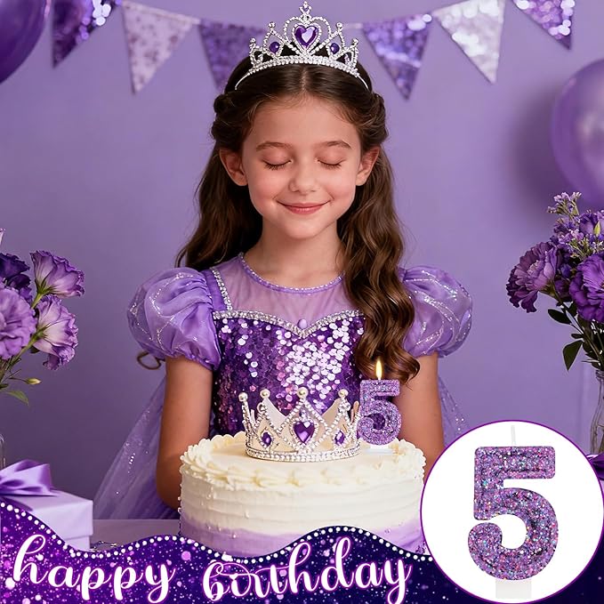 Deep Purple Glitter Birthday Candles for Girls - Number 5 Candle Cake Topper for Purple Fairy Birthday Party Decorations