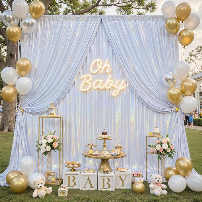 20x10ft Glitter Sequin Silver Backdrop Curtains Photo Backdrop Curtain Fabric Rainbow Shimmer Drapes Backdrop Bridal Baby Shower Wedding Birthday Party Photography Backdrop Photoshoot 5x10FT, 4 Panels