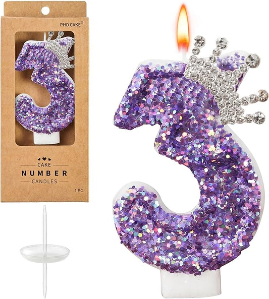 Birthday Number Candles,Purple Crown Birthday Candles for Cake,Glitter Number 3 Candle Cake Topper with Sequins for Anniversary Celebrations Supplies