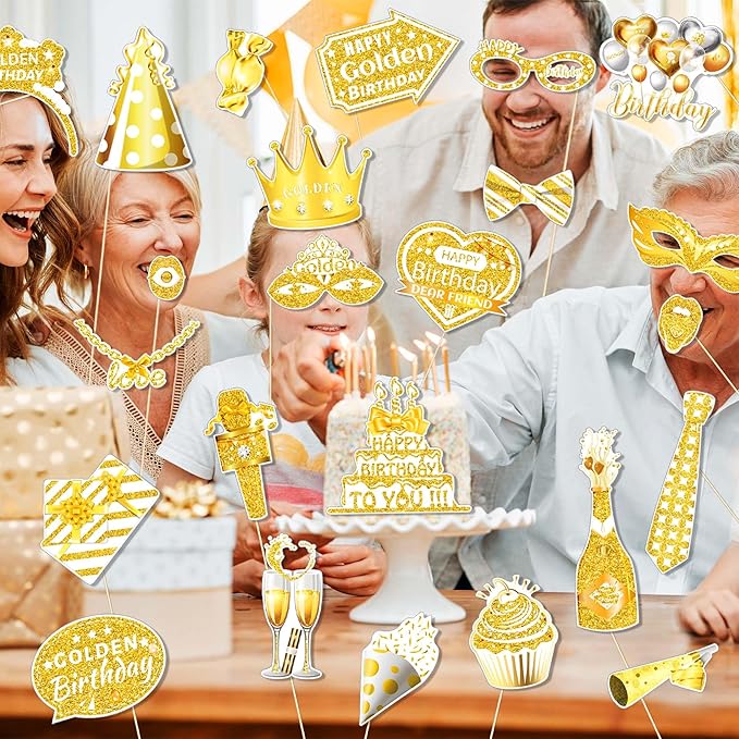 25 Pcs Golden Birthday Photo Booth Props Kit, Gold Glitter Stay Golden Birthday Party Decoration Set, Funny Happy Gold Bday Selfie Photo Props for Boys Girls Women Men, Birthdays Party Supplies