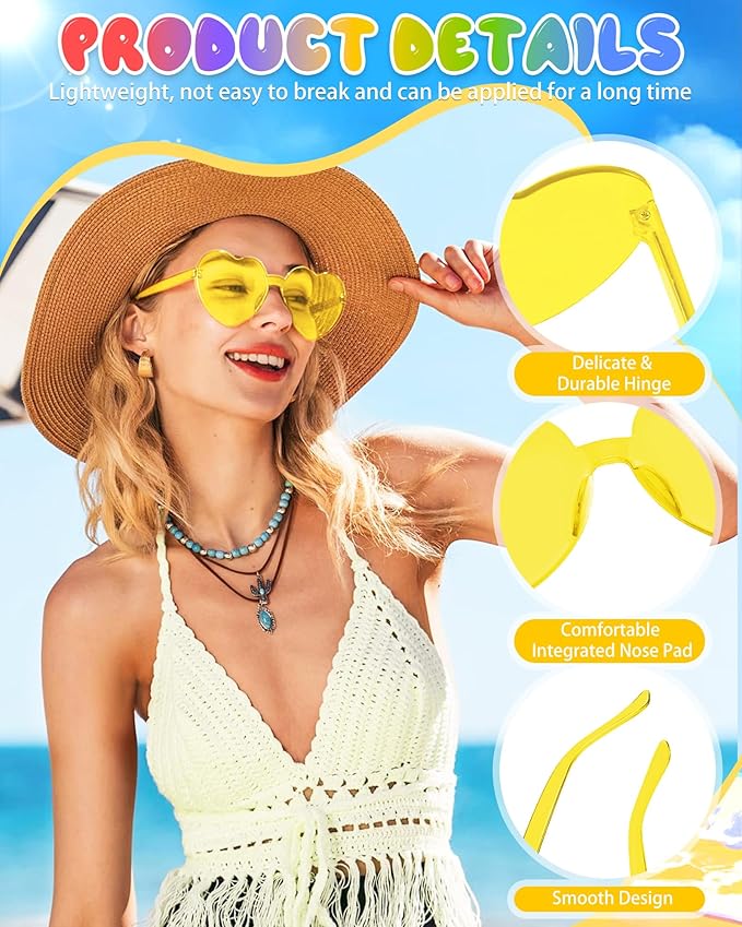 12 Pairs Heart Shaped Sunglasses Candy Color Rimless Fun Heart Glasses for Women Party Favors