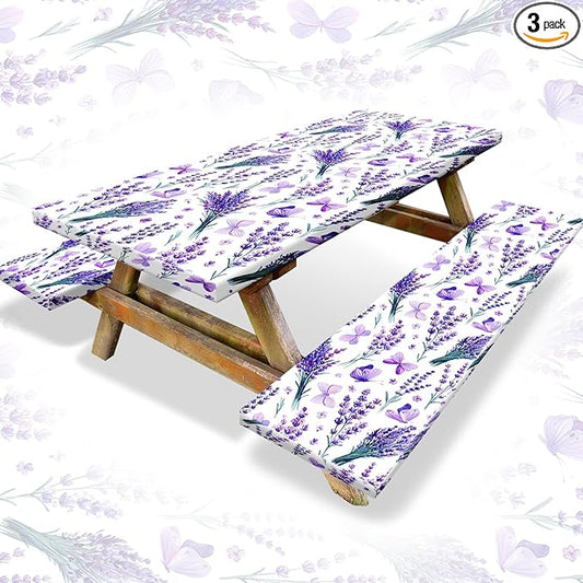 Boao 3 Pcs Vinyl Picnic Table Cover with Bench Cover 6 ft 30 x 72 Inch Waterproof Fitted Tablecloth Flannel Backing Rectangular Elastic Edged for Camping Outdoor Patio Travel(Lavender)