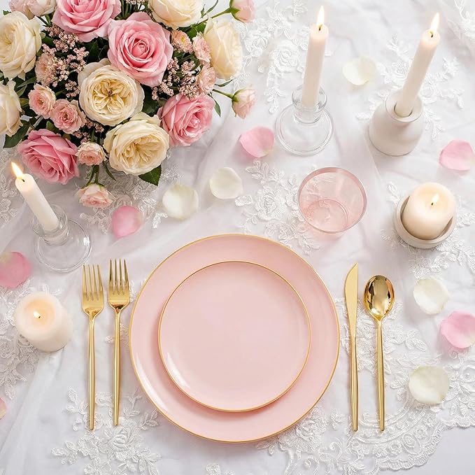 MirthMood 350PCS Pink Plastic Plates with Gold Rim ??Plastic Plates Set Includes 50 Dinner,50 Dessert Plate,50 Cup&50 Napkins 150 Gold Silverware for Wedding&Birthday Parties&Valentine's Day