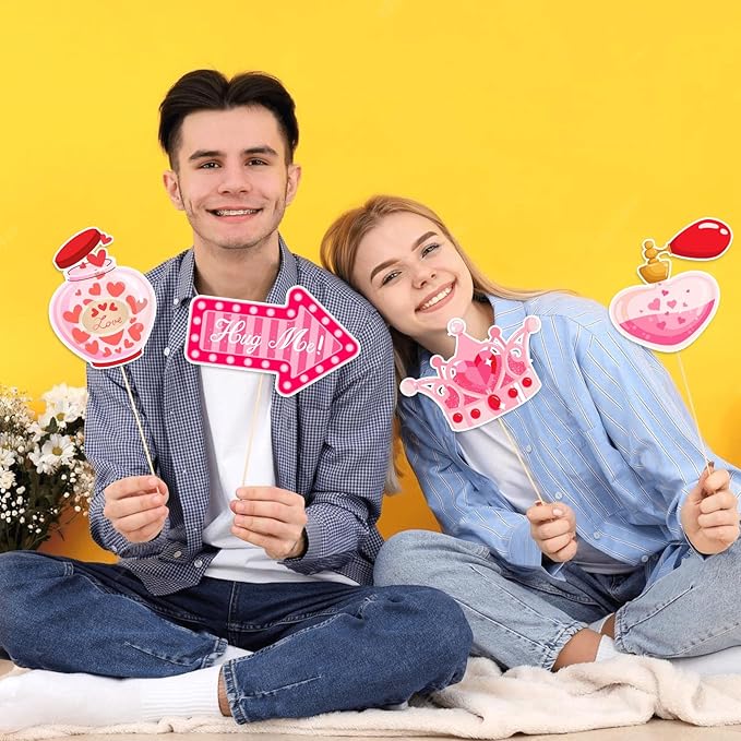 Happy Valentine's Day Photo Booth Props Kit, 24 PCS Selfie Photo Booth Accessories with “Happy Valentine’s Day” Signs, Cute Heart Themed Party Decorations for Valentine’s Party Favors