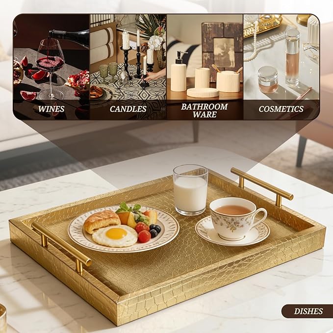 SXNOWS 17"x12" Gold Faux Leather Serving Tray with Gold Handles, Rectangle Decorative Tray for Ottoman, Coffee Table, Kitchen, Bar, Gift for Home Decor