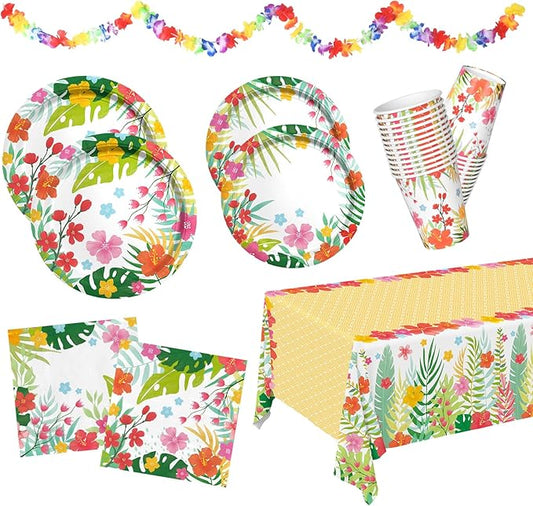 Tropical Luau Party Supplies Kit for 25 - Aloha Hawaiian Party Decorations with Disposable Paper Plates, Napkins, Cups, Tablecloth, and Banner | BBQs & Summer party