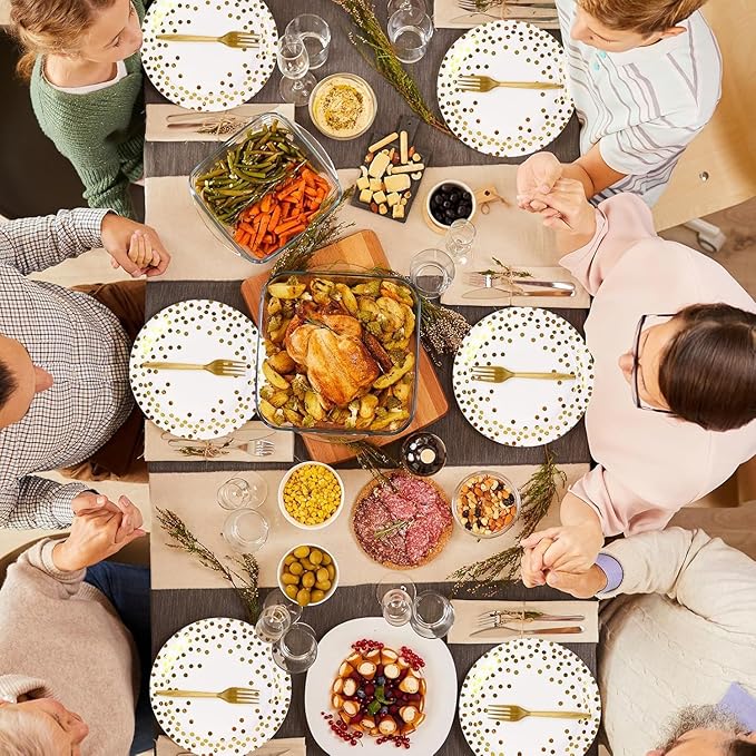 75PCS White Gold Dot Paper Plates&Napkins Set-Disposable Dessert Plates 7IN Party Plates 6.5IN Napkins Plastic Fork Tableware for Birthday Wedding Graduation Holidays Party Decoration 25 Guests