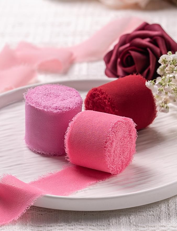 Chiffon Ribbon, Valentine's Day Party Decoration, 1.5''x21Yd Pink Red Frayed Fringe Handmade Silk Ribbons for Rose Floral Gift Wrapping, Wedding, Birthday, Engagement, Bridal Shower, 3 Rolls