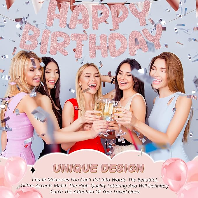 Fulmoon Glitter Pre Strung Happy Birthday Banner No DIY Party Decorations Happy Birthday Sign Decor for Men Women Boy Girls Backdrop(Rose Gold)