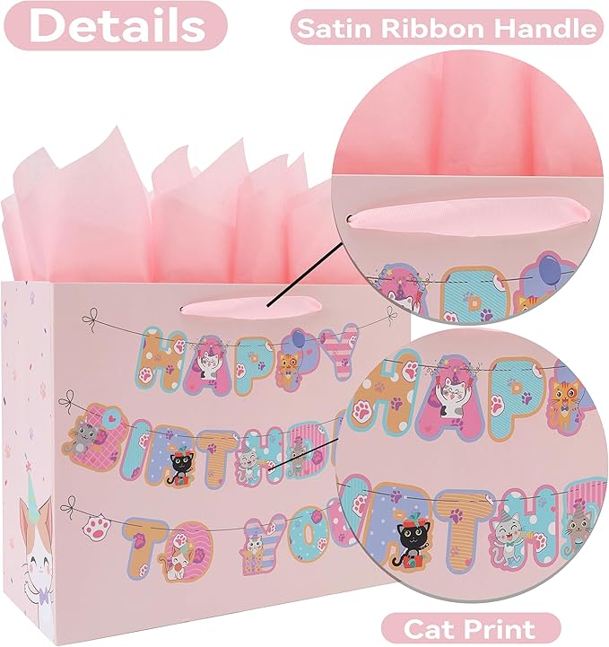 wishinside 13” Large Cat Happy Birthday Gift Bag Set with Handles, Greeting Card, Pink Tissue Papers and Stickers for Girls Kids Teens Women, Kitty-themed Banner Design, 1 Pcs