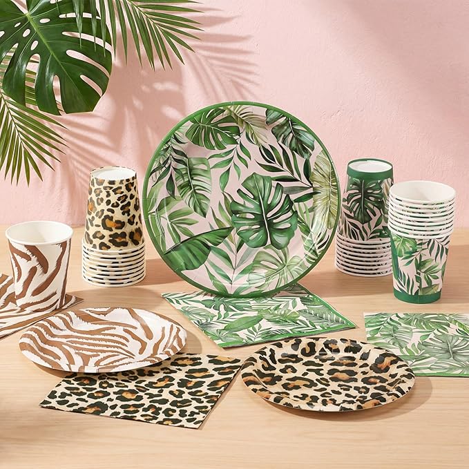 Domensi 220 Pcs Jungle Safari Animal Party Supplies Serves 40 Guest Safari Theme Tableware Set Disposable Wild Animal Print Paper Plate Cup and Napkin for Jungle Baby Shower Birthday Party Decoration