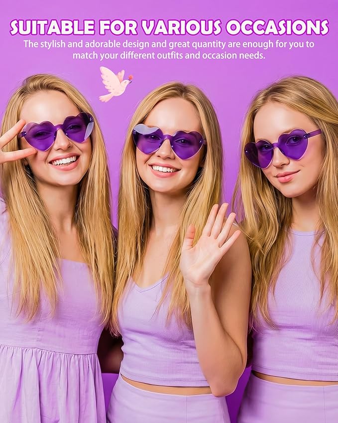 20 Pairs Heart Shaped Sunglasses Bulk, Colorful Rimless Fun Heart Sunglasses for Women Party Favors