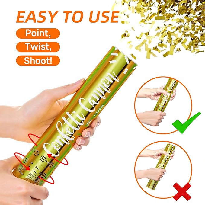 6 Pack Biodegradable Gold Confetti Cannon Poppers, Confetti Shooter, Party Popper for Celebration, Birthday, Graduation, New Year's Eve Party