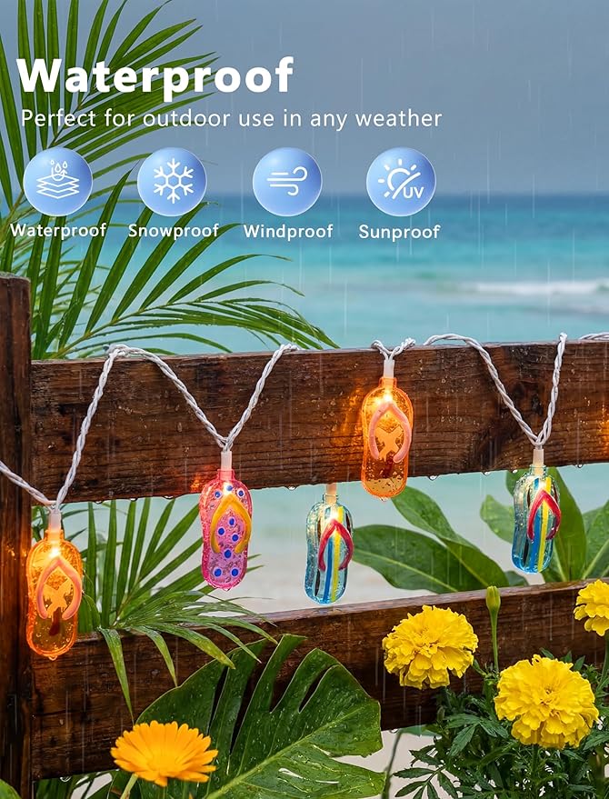 Slipper String Lights, 8.5FT 10 LED Beach Themed Lights with UL Certified Plug, Waterproof Tropical Party Decorations for Patio, Warm White Hawaiian String Lights for Garden Backyard Bedroom Decor