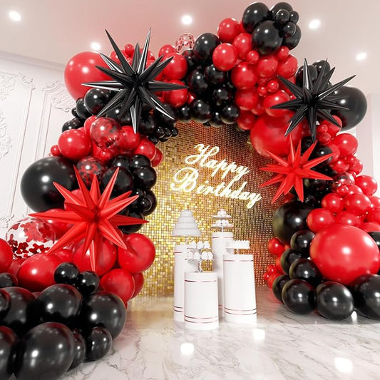Red and Black Balloons Garland Arch Kit with Stars 200Pcs - 5 10 12 18 22inch Balloon and Confetti Balloons for 2025 Graduation Birthday Anniversary BBQ Casino New Year Prom Party Decorations