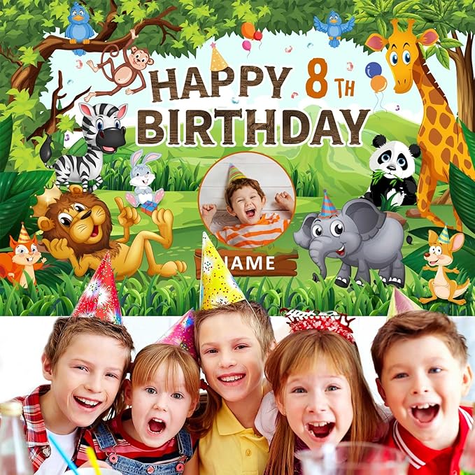 Custom Lion Elephant Zebra Birthday Decorations Supplies,Personalization Giant Panda Fox Rabbit Monkey Theme Birthday Decorations,Jungle Safari Party Decorations Happy Birthday Banner Background