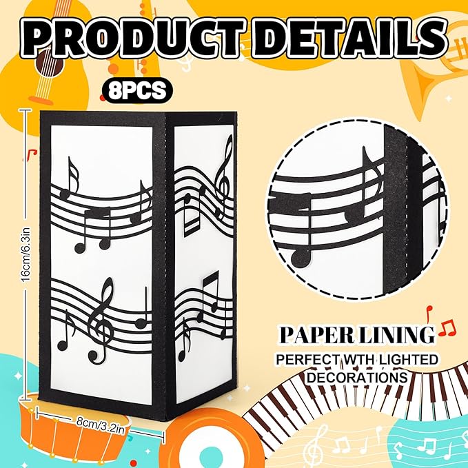 AnyDesign 8 Pcs Music Table Centerpiece Black Music Note Paper Lantern Boxes Decoration for Wedding Musical Party Photo Prop Flower Arrangement Decor