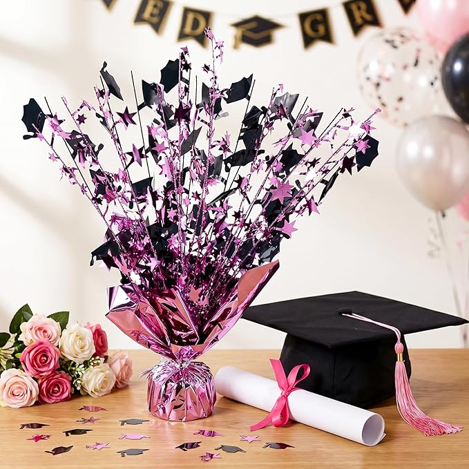 6 Packs Graduation Decorations Centerpieces for Tables Metallic Foil Star Graduate Cap Burst Tabletop Display in Pink and Black for Grad Ceremonies Celebrations Party Decor Supplies 12 (Pink)